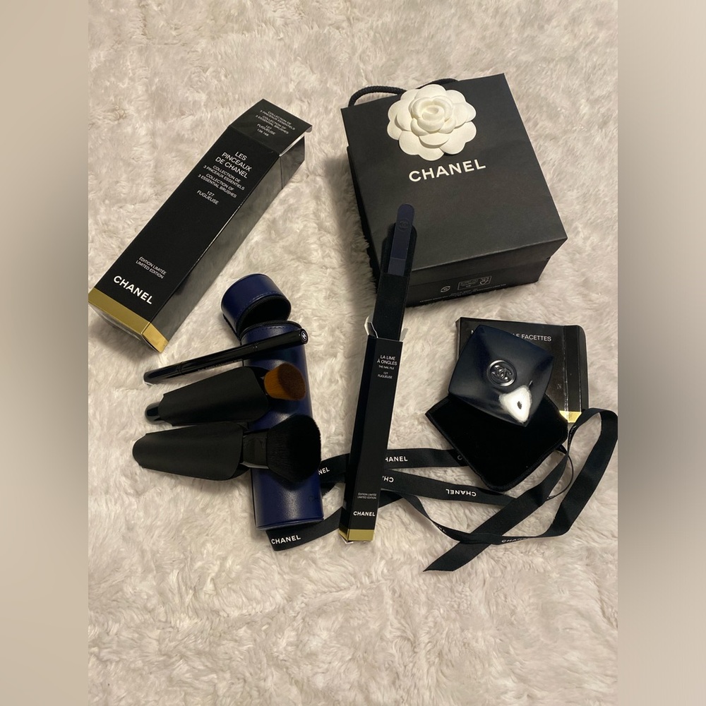 New Authentic Chanel Collection of 3 Essential Brushes, Compact, & Nail File.